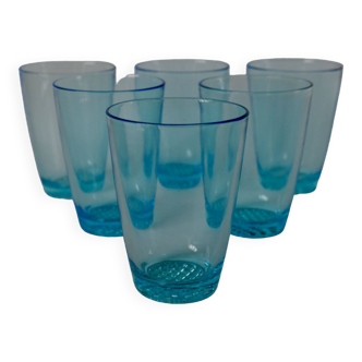 Lot de 7 verres à eau Made in France en verre bleu années 70