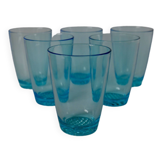 Set of 7 water glasses Made in France in blue glass from the 70s