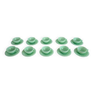Series of 10 almond green opaline cups and saucers from the 1950s