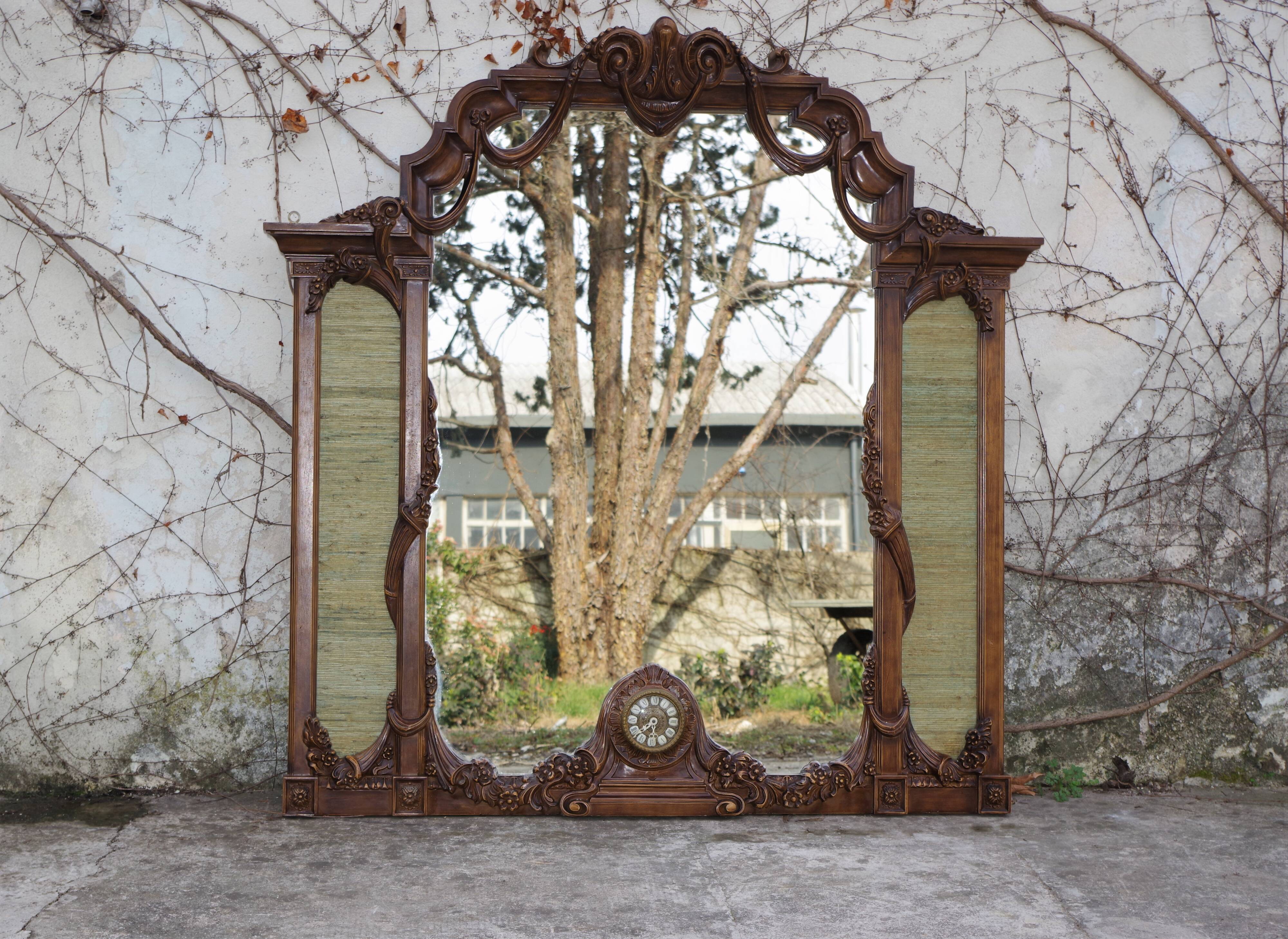 Wooden mirror with clock, 1960