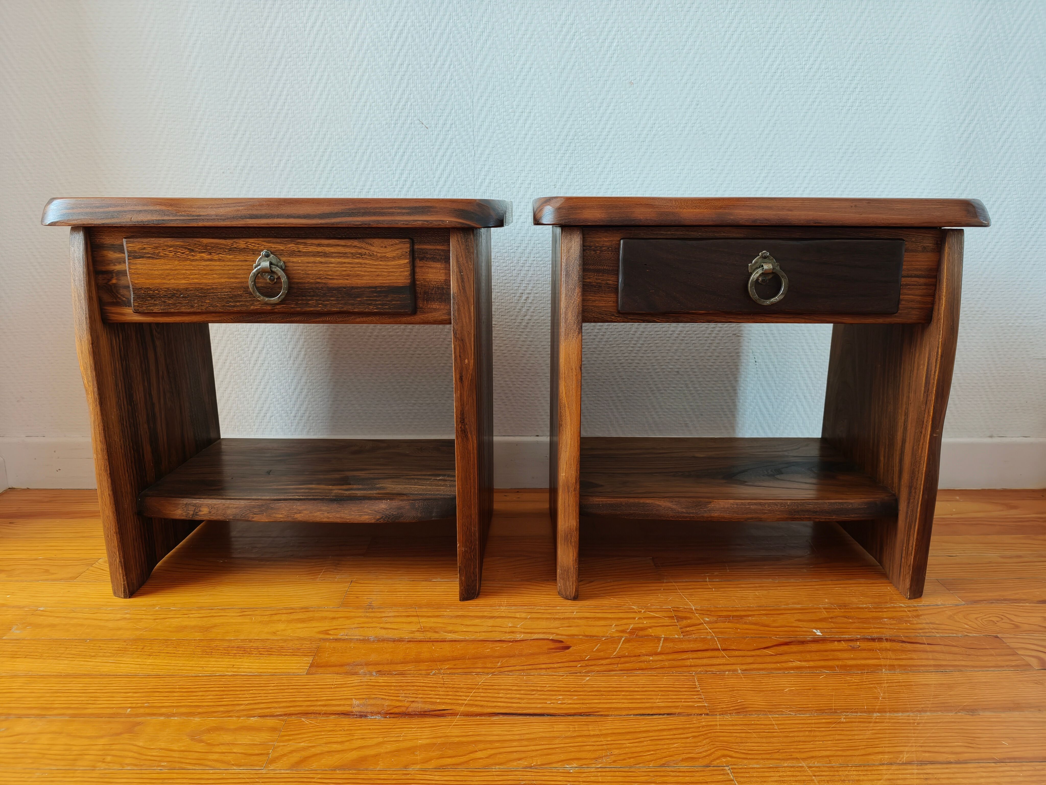 Pair of solid elm bedside tables, France 1970.