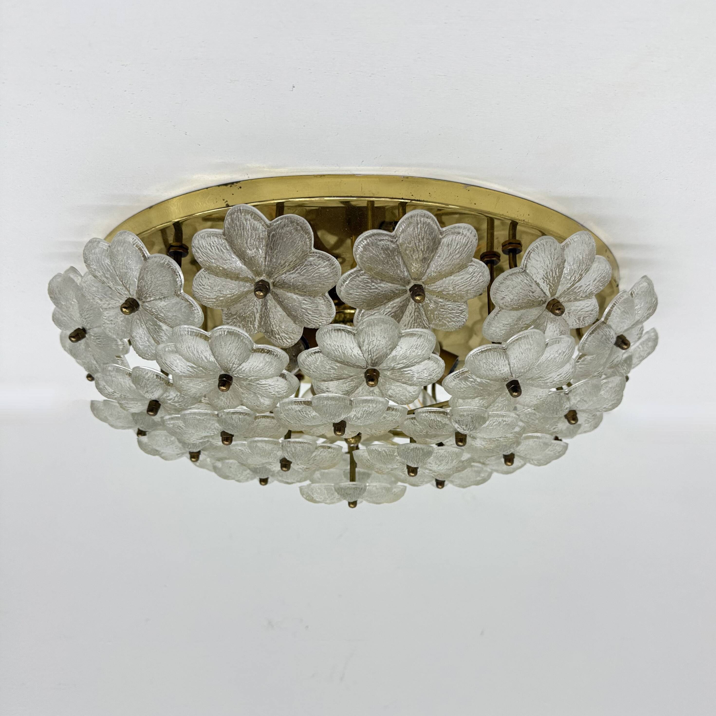 Large Floral Crystal Glass Flush Lamp by Ernst Palme , 1970s