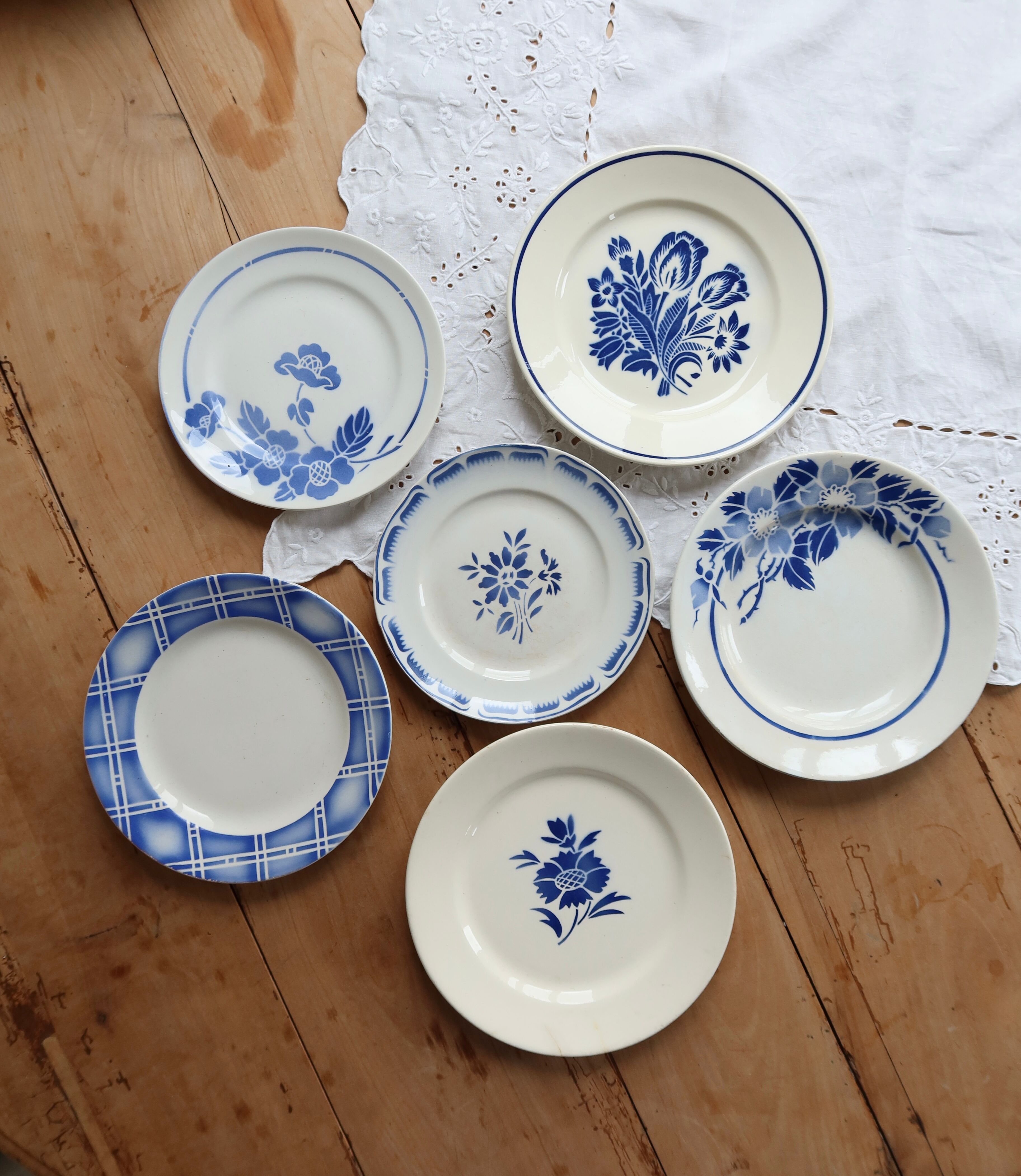 6 vintage mismatched blue and white earthenware dessert plates