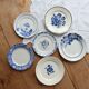 6 vintage mismatched blue and white earthenware dessert plates