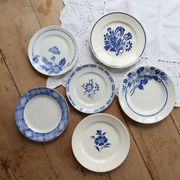 6 vintage mismatched blue and white earthenware dessert plates