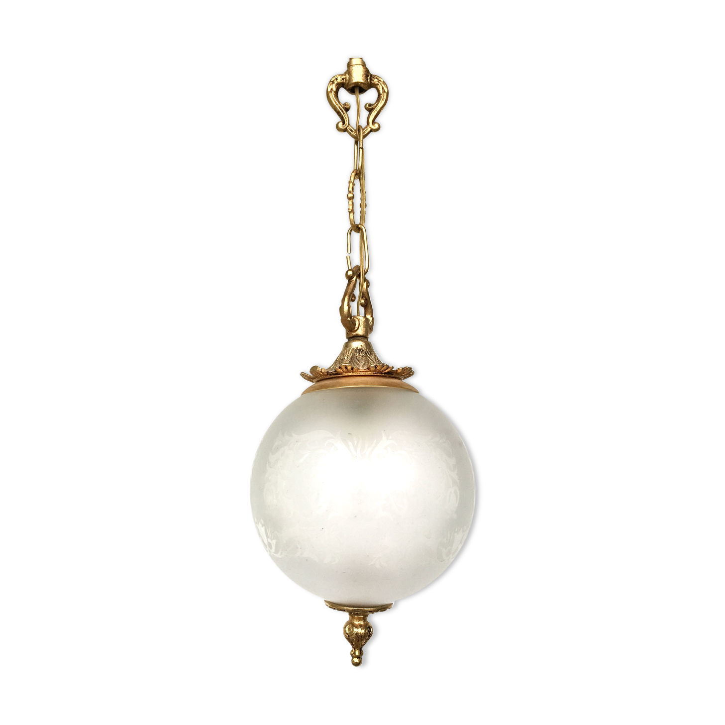 Floral globe and gold metal hanging lamp