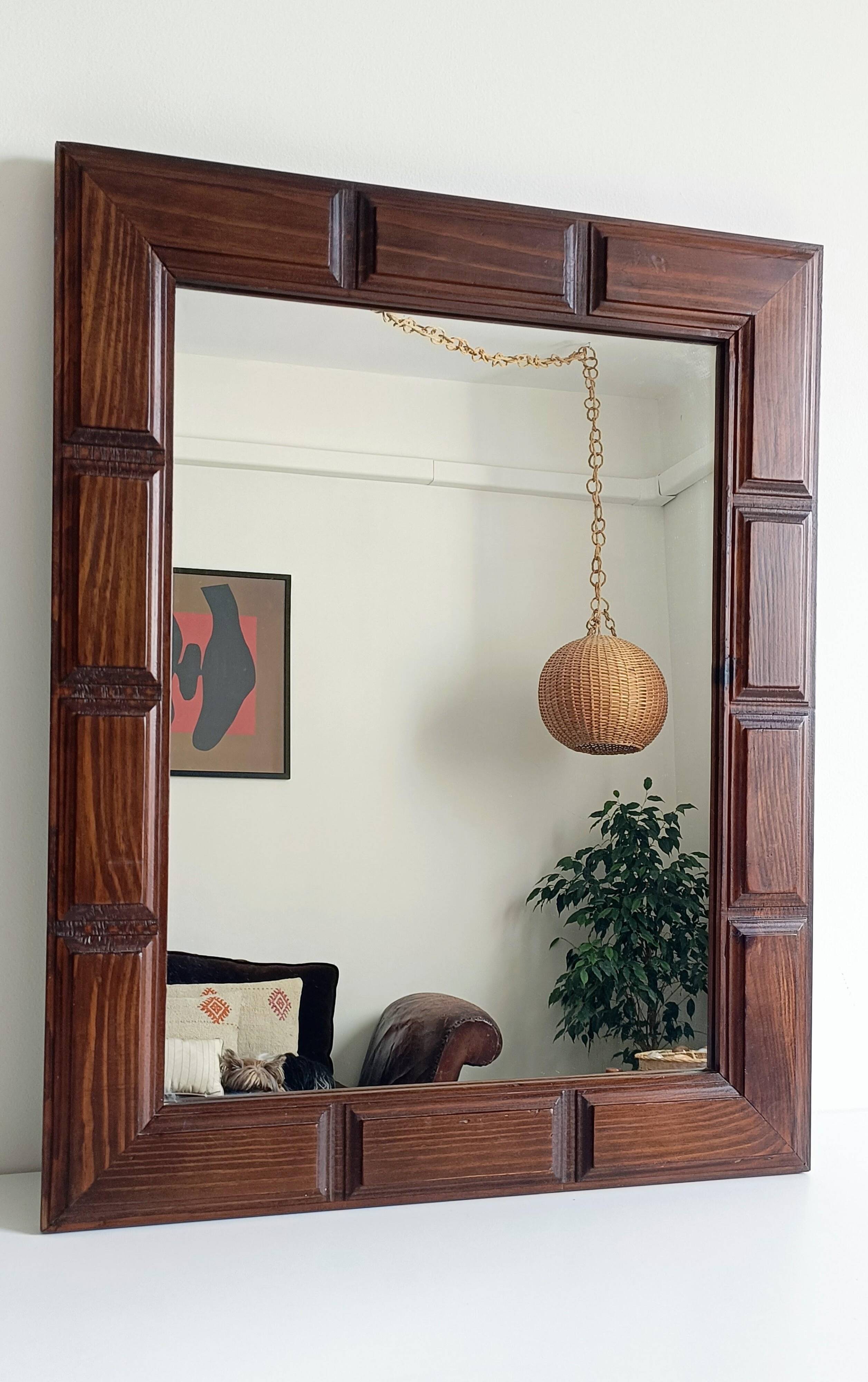 Mid-Century Spanish Oak Wall Mirror– Castilian Style, 1950s