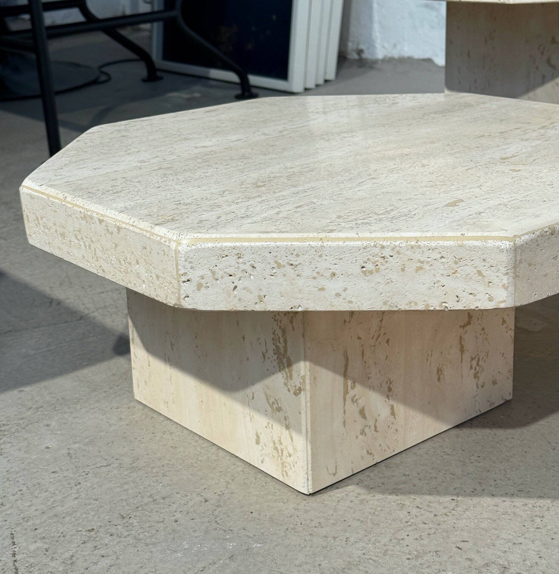 Set of 3 octagonal travertine tables 1970