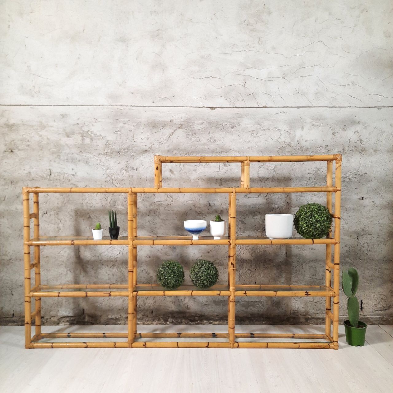 Bookcase, vintage bamboo shelf with glass shelves
