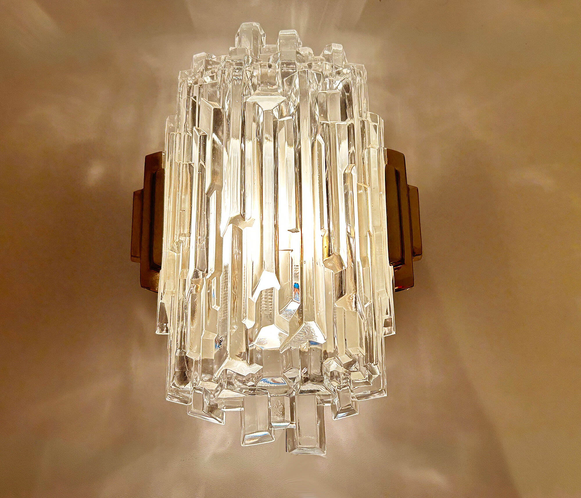 Pair of vintage wall lamps, glass and bronze gilded with fine gold