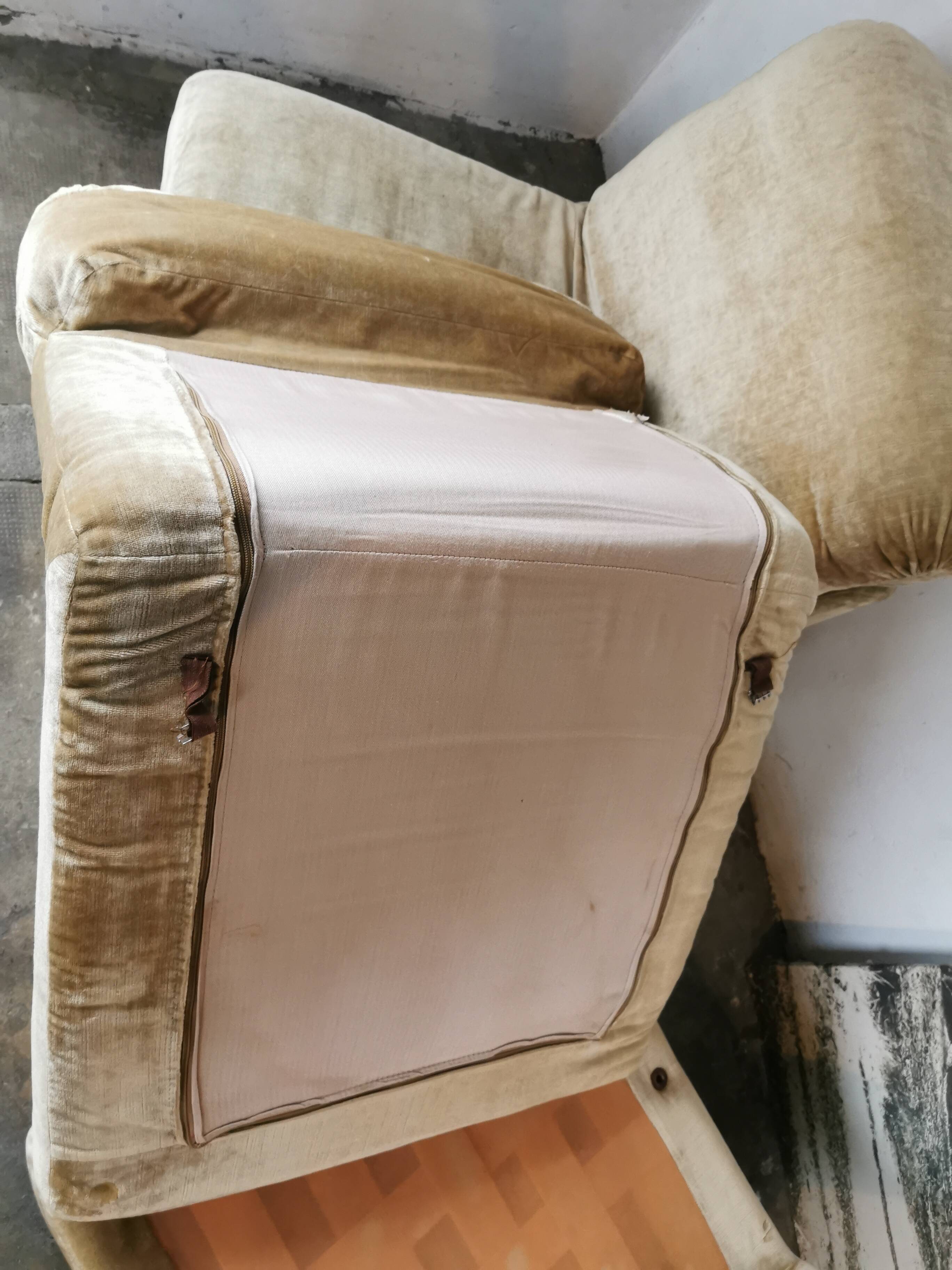 Pair of modular velvet armchairs and ottoman