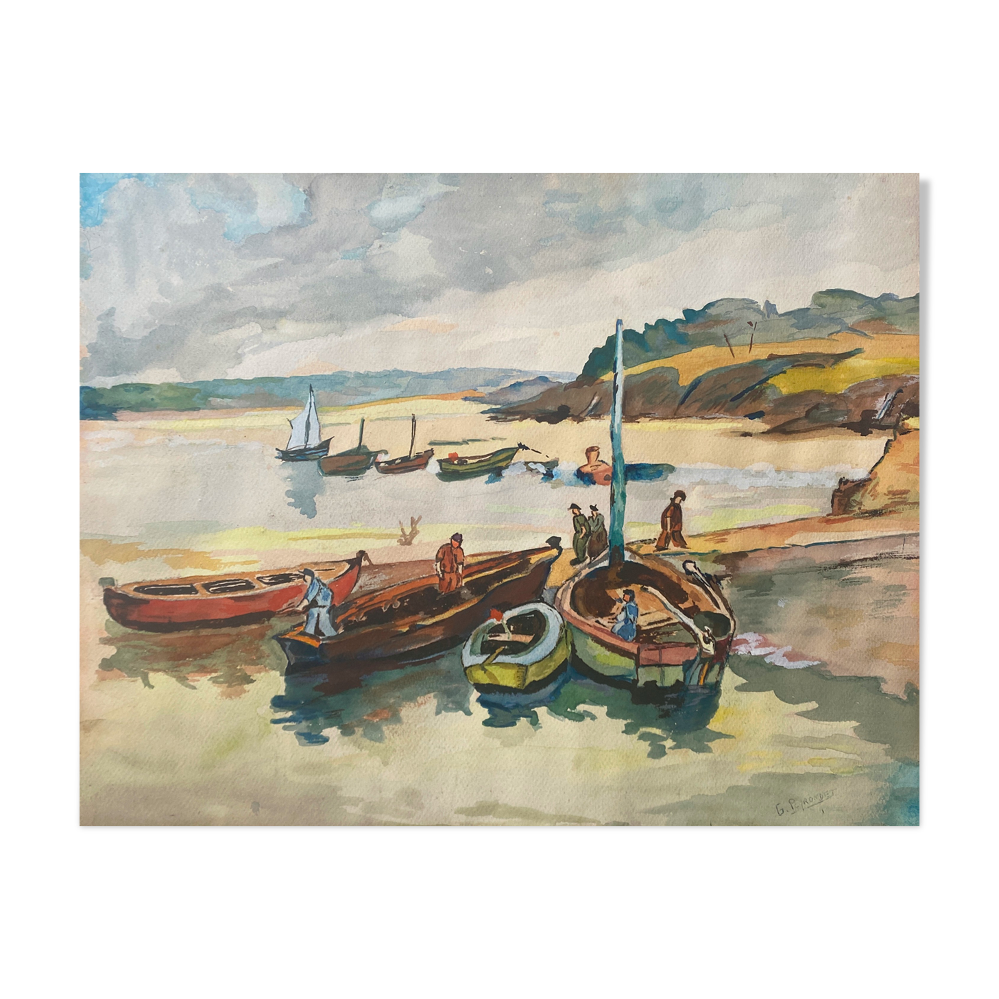Original Gouache painting "Marin au port" signed G. Peyrondet around 1950