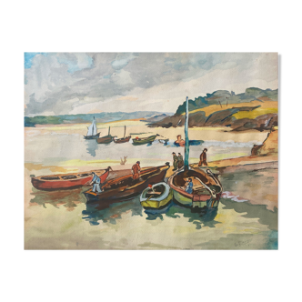 Original Gouache painting "Marin au port" signed G. Peyrondet around 1950
