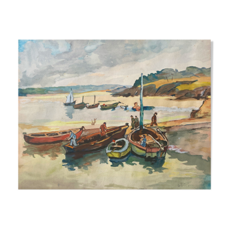 Tableau gouache originale "Marin au port" signée G. Peyrondet vers 1950