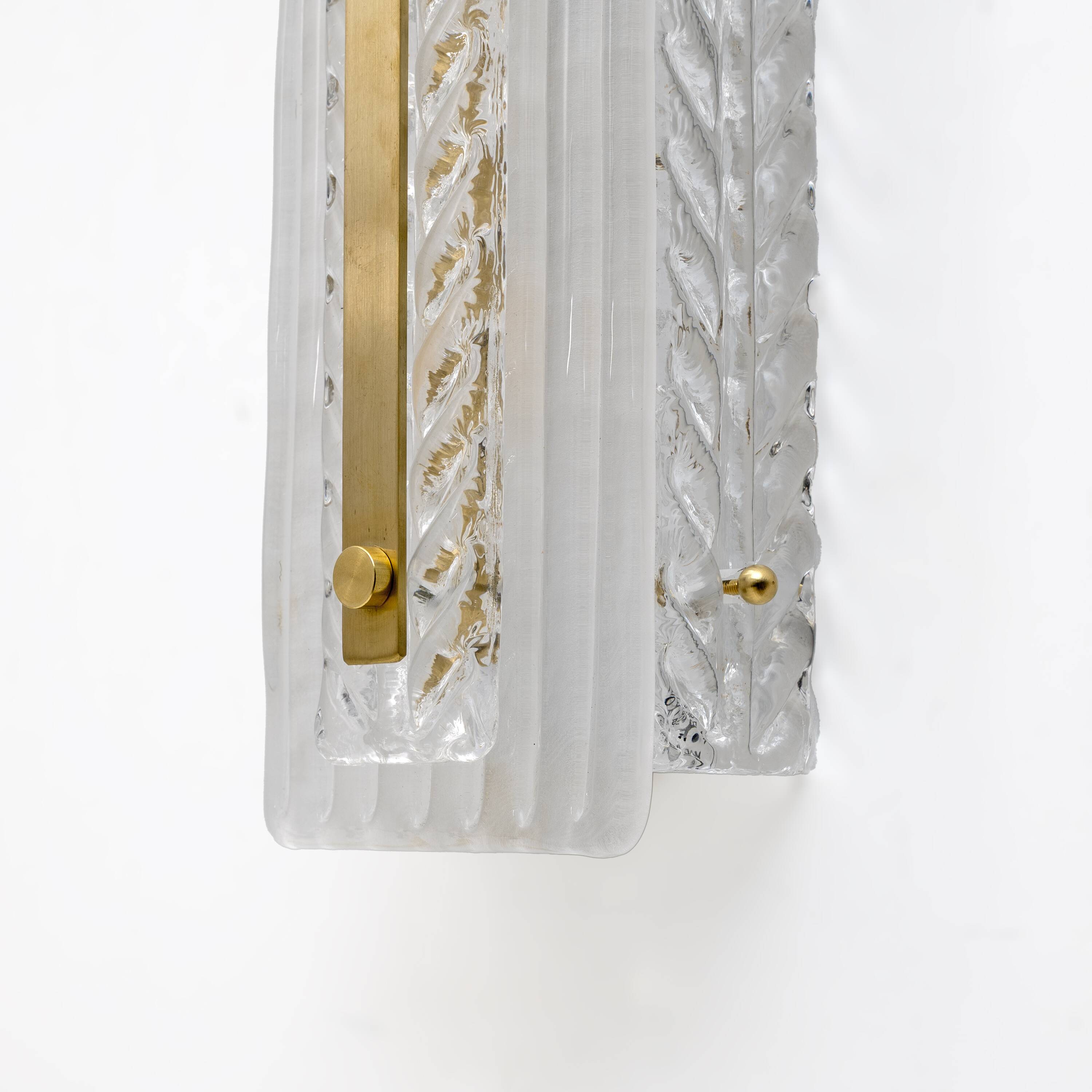 Pair of Art Deco Style Brass and Textured Murano Glass Sconces
