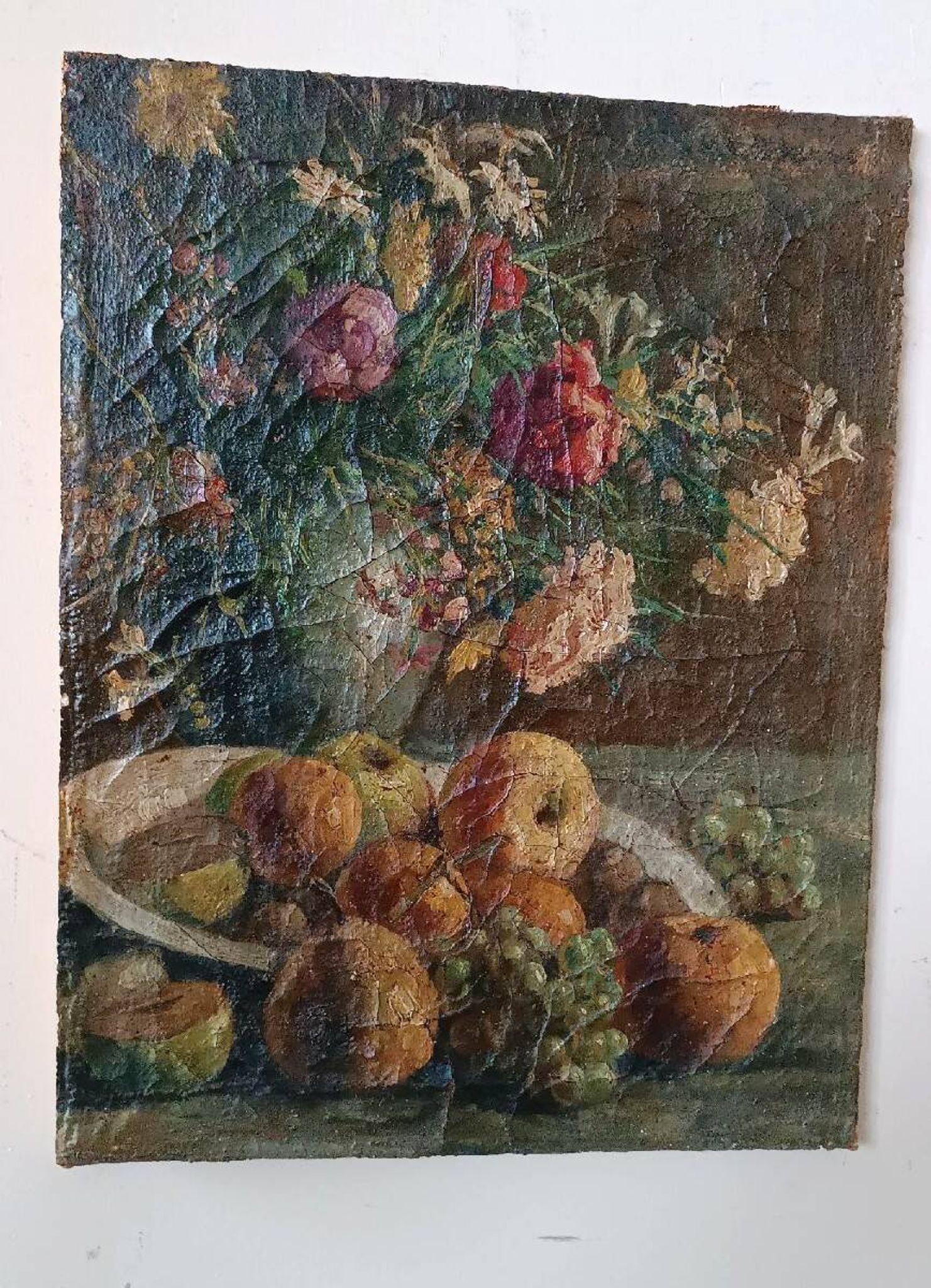 19th-century oil painting on canvas depicting a vase of fruit with flowers.