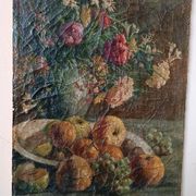 19th-century oil painting on canvas depicting a vase of fruit with flowers.