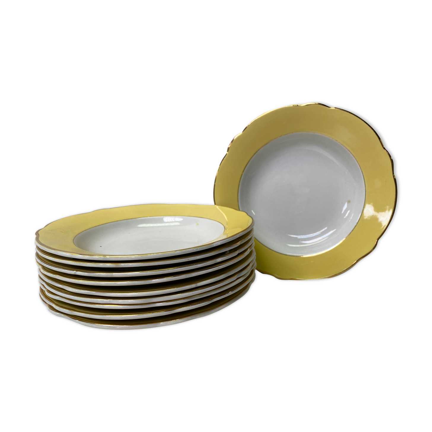 Set of 10 vintage yellow luneville hollow plates