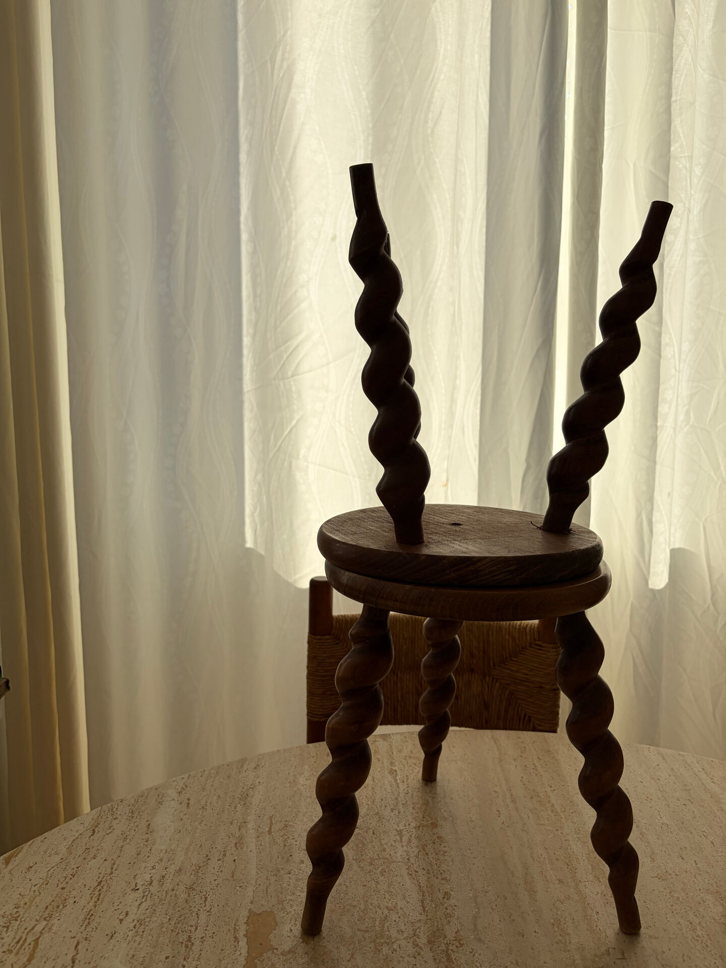 Pair of twisted wooden tripod stools