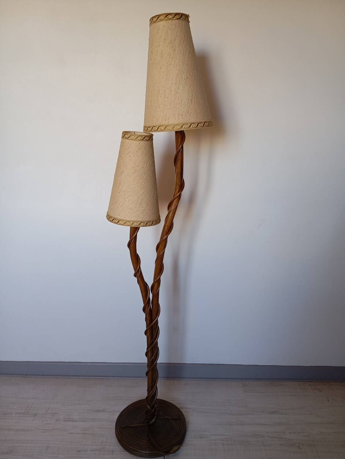 Louis Sognot rattan and bamboo floor lamp