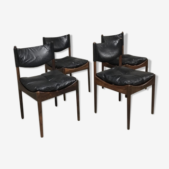 Ensemble de 4 chaises en palissandre danoise modèle Modus Rio du milieu du siècle & cuir noir par Kristian Vedel pour Soren Willadsen