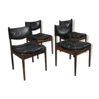 Set of 4 Rio palisander & black leather chairs, Modus model, by Kristian Vedel for Soren Willadsen