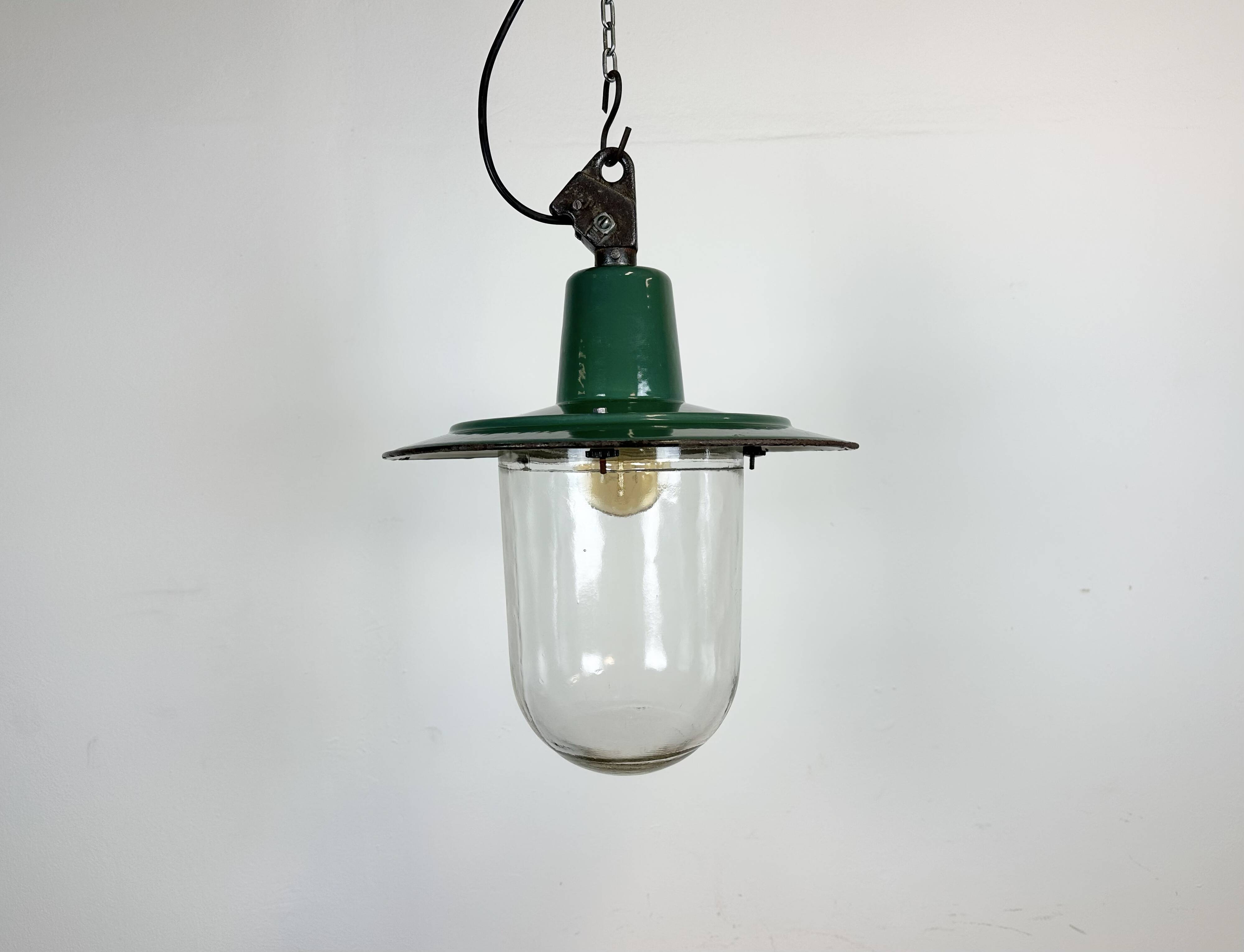 Green Enamel and Cast Iron Industrial Pendant Light, 1960s