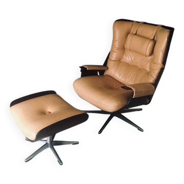 Set of Mid-Century Modern Leather Lounge Chair and Ottoman, Germany, 1960s