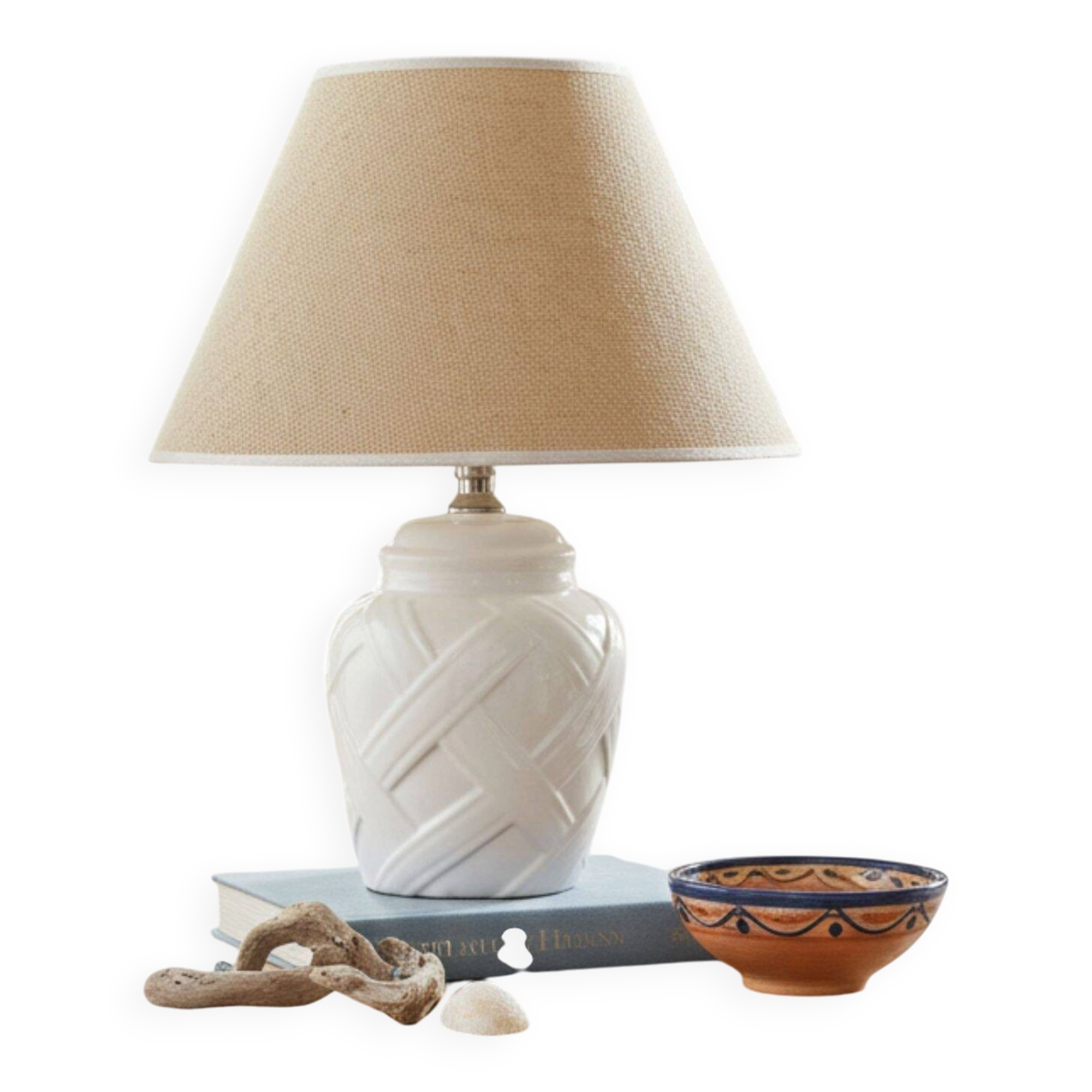 White ceramic lamp base from Manises, intertwined geometric relief.