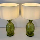 Paire de lampes en verre de Murano en forme d'ananas Art Déco italien avec abat-jours.