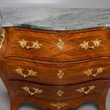Curved Louis XV style vintage commode in marquetry - stone top - 3 drawers