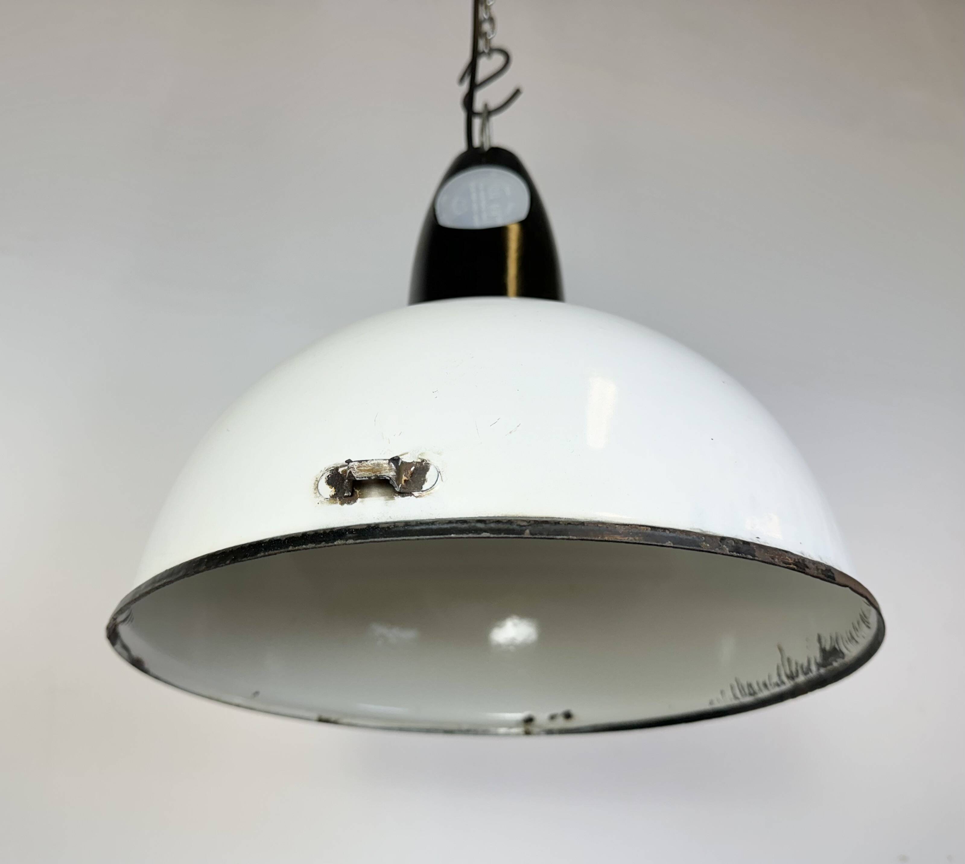 Industrial soviet white enamel pendant lamp, 1960s