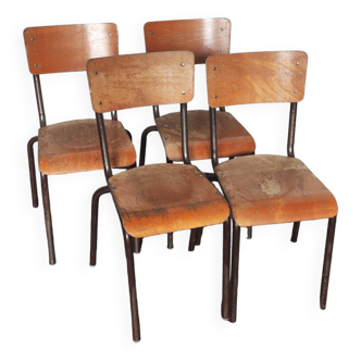 Set of 4 metal and wood school chairs