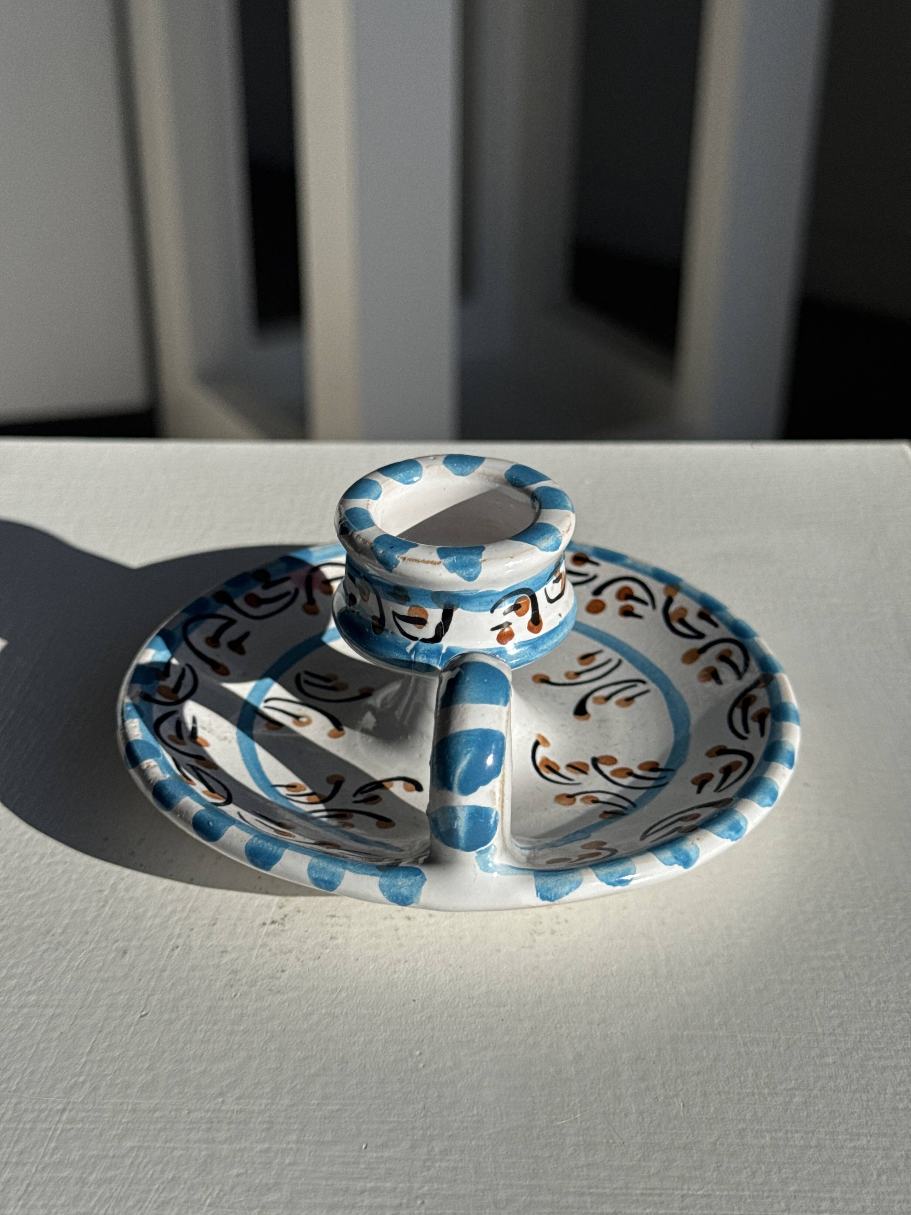 Light blue Moustiers candlestick H5 D12.5