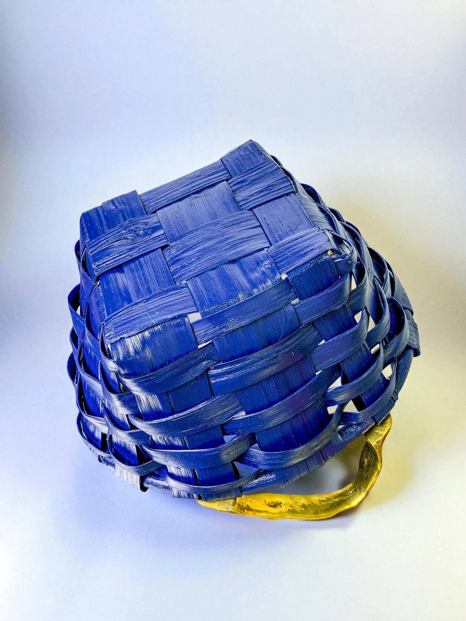 Brutalist large basket by David Marshall, cobalt blue rattan & bronze handle, 1980s