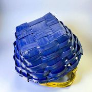 Brutalist large basket by David Marshall, cobalt blue rattan & bronze handle, 1980s