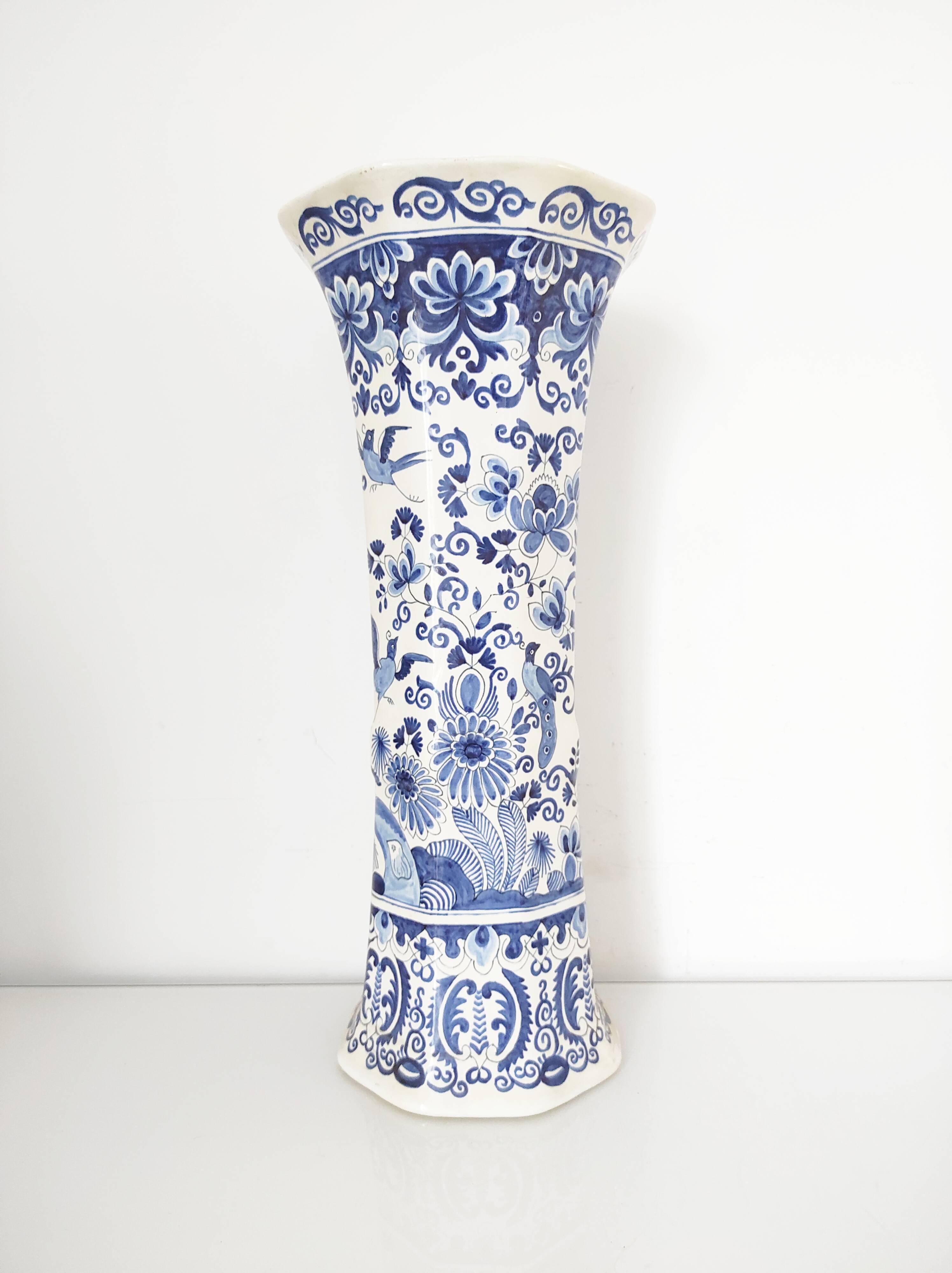 Octagonal vase blue birds BFK Boch Frères Kéramis 42 cm