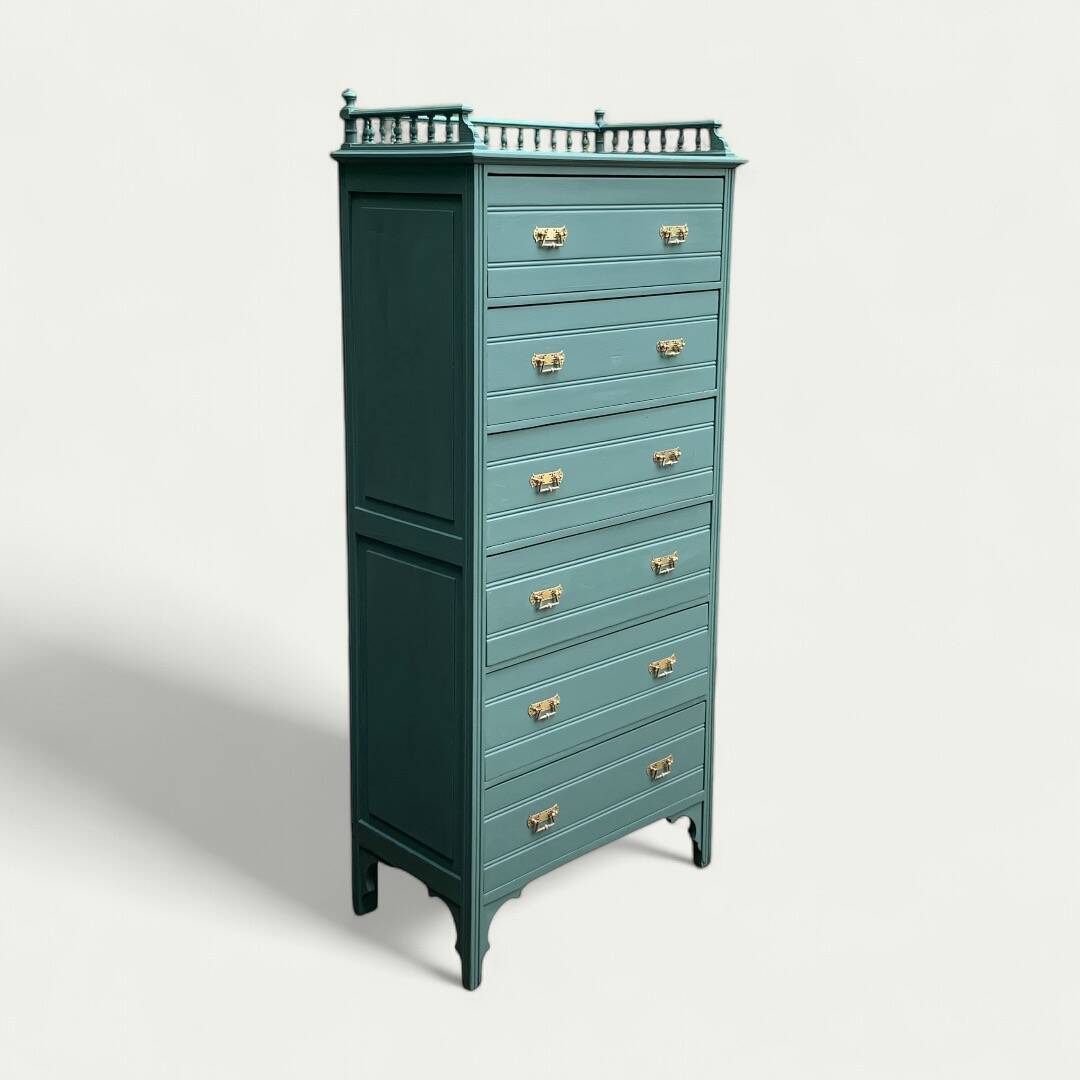 Old grey green high chest of drawers H160