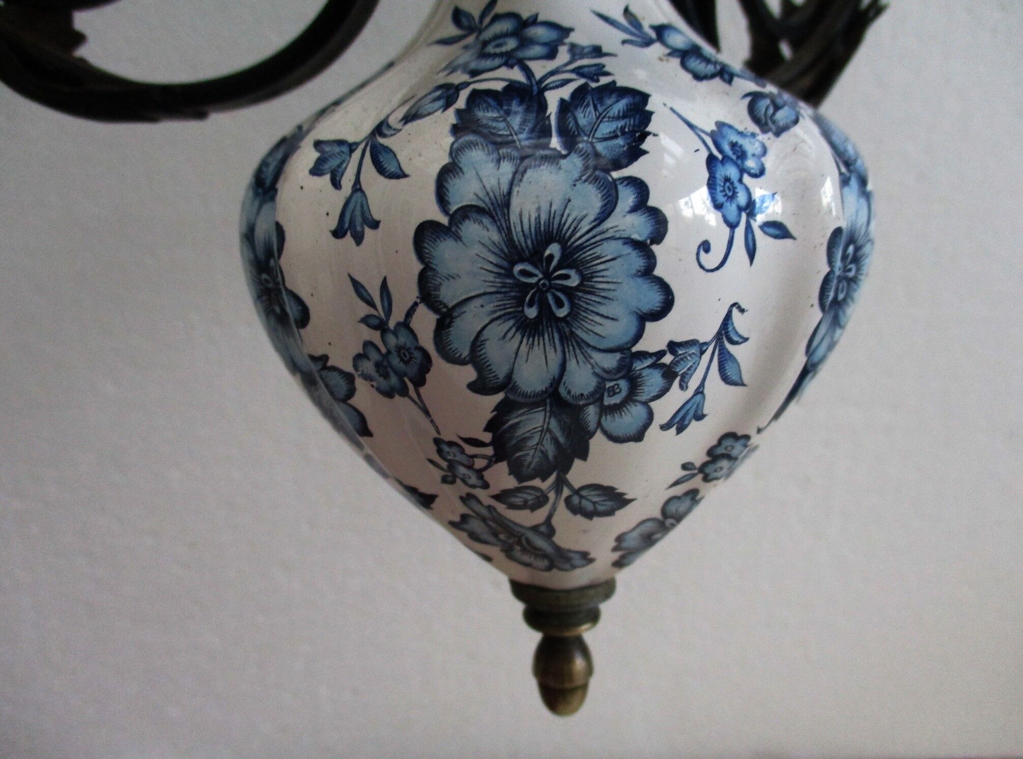 Vintage opaline and ceramic wrought iron chandelier