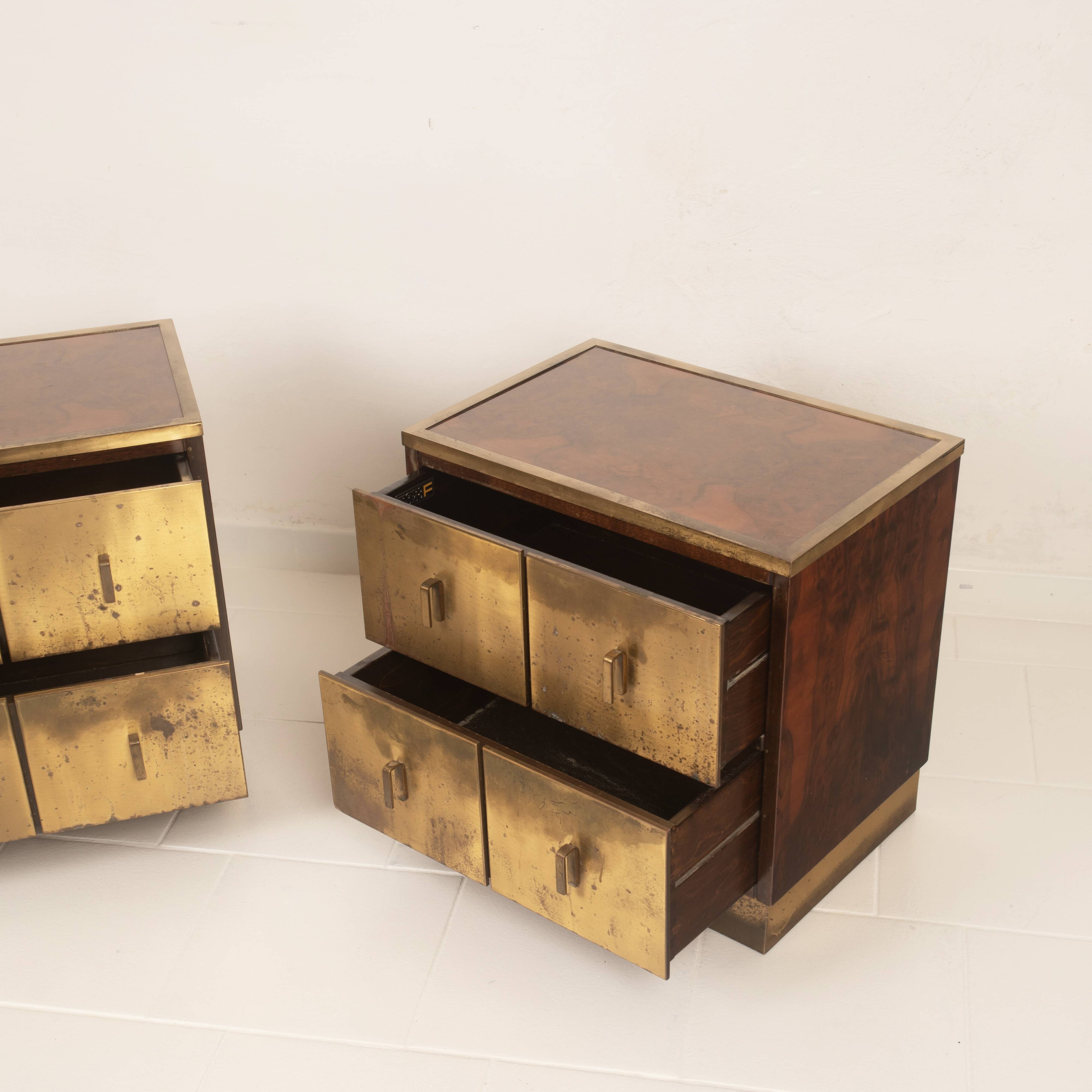 Aldo Frigerio Italian Walnut Burl and Gold-Laminated Brass Bagdad Nightstands