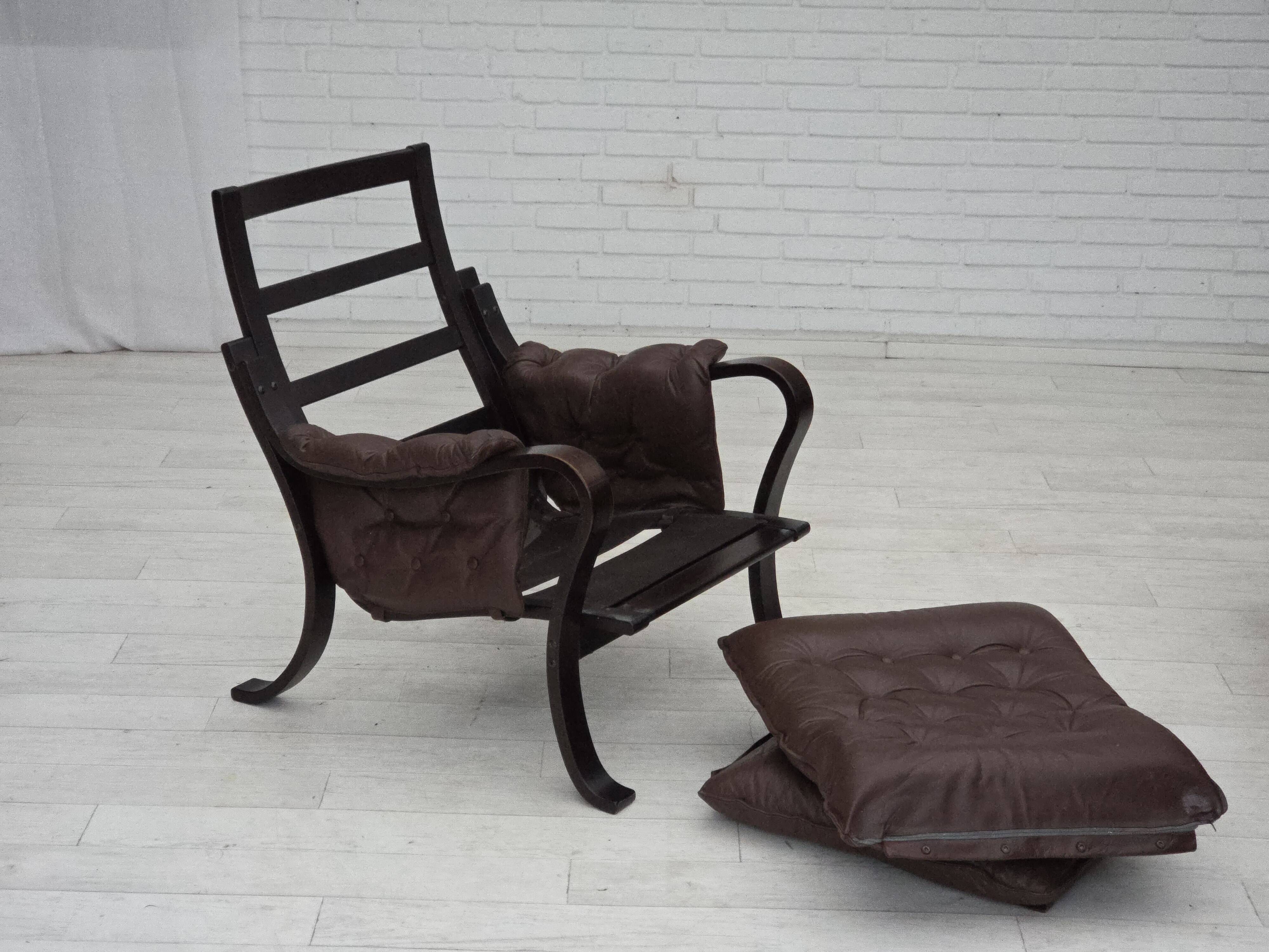 1970s, Scandinavian vintage design, armchair, brown leather, bent wood.