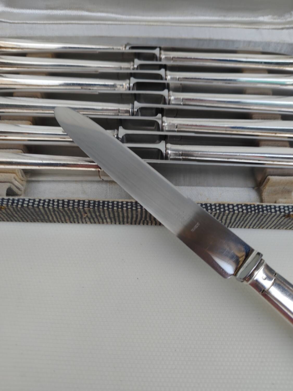 Box of 12 table knives in silver metal, art deco period.