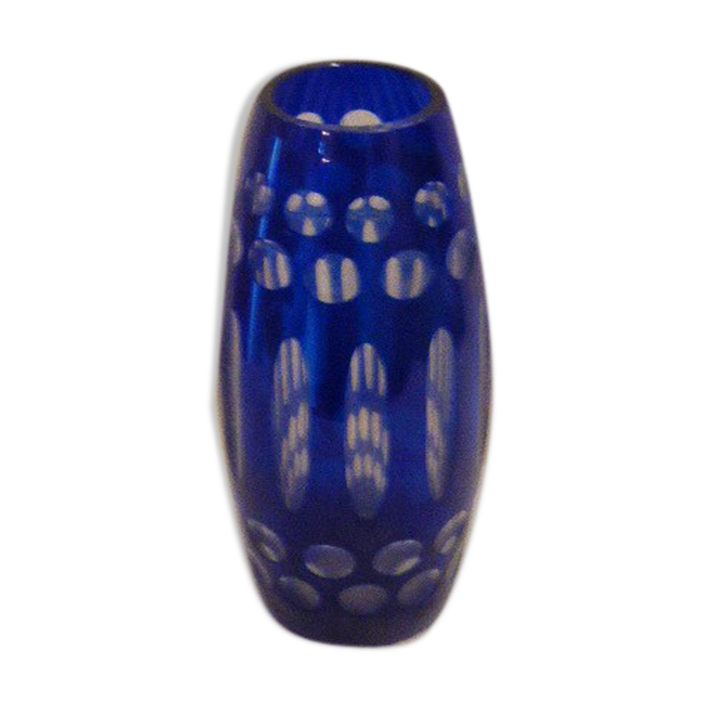 Blue and transparent glass vase, has vintage geometry patterns
