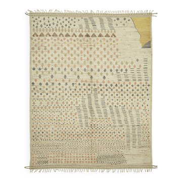 Tapis en laine beige tissé à la main, tribal et unique en son genre, 292 cm x 377 cm.