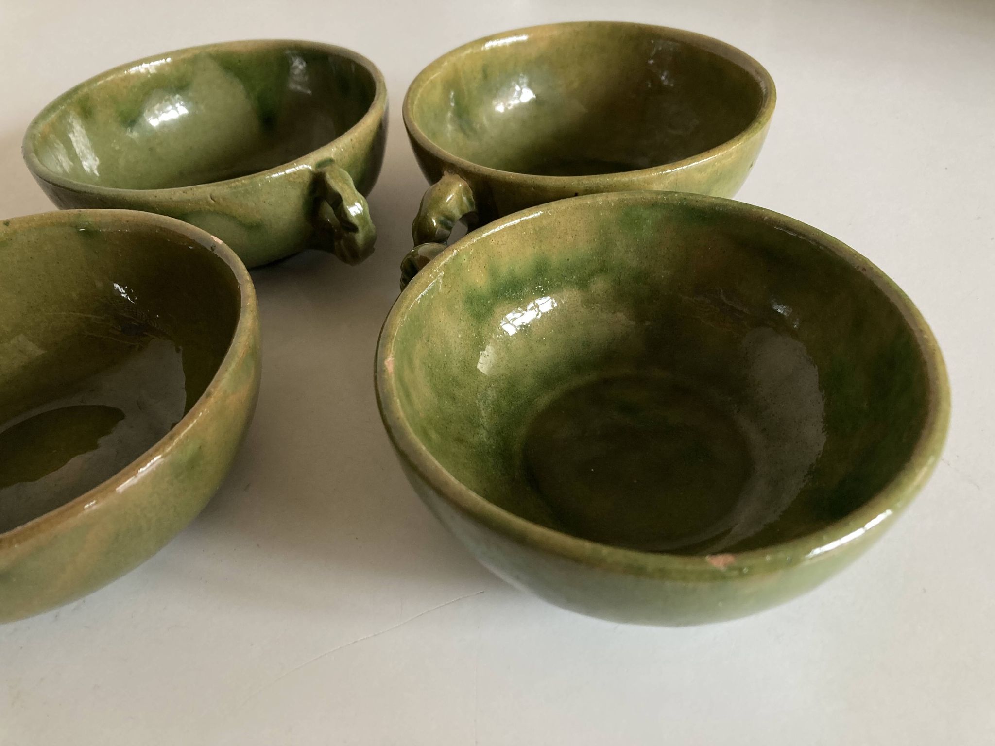 4 green glazed earthenware bowls with handles from Biot, 1960