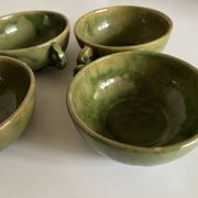 4 green glazed earthenware bowls with handles from Biot, 1960