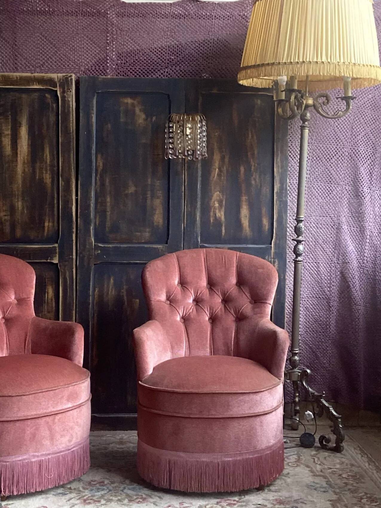 Pair of small vintage upholstered toadstool armchairs in old rose velvet – 1960s
