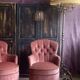 Pair of small vintage upholstered toadstool armchairs in old rose velvet – 1960s