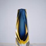 Midcentury faceted Murano glass strong blue and yellow sommerso vase
