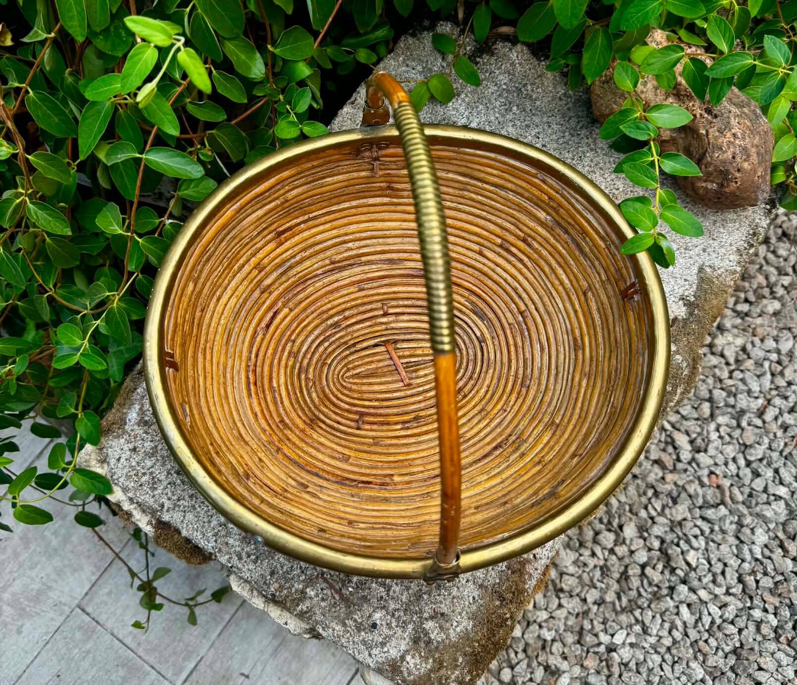 Large rattan basket brass Gabriella Crespi 1960s